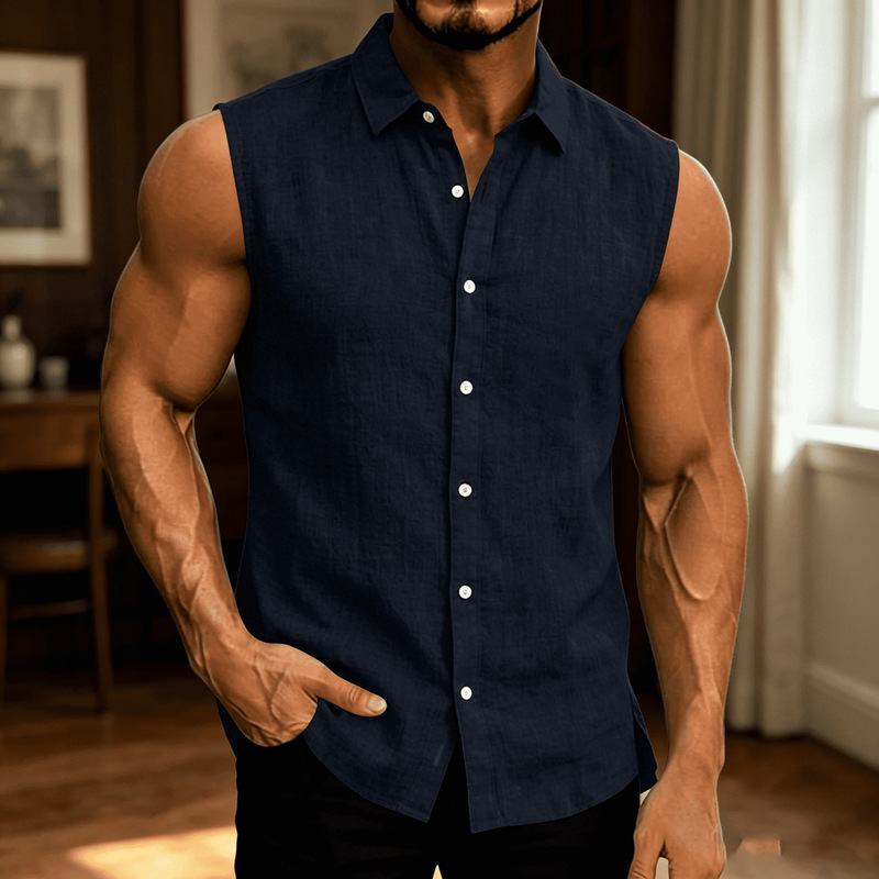 Cotton and Linen Style Lapel Solid Color Fitness Vest for Men, White Summer European and American Style Men's Sleeveless Shirt, Casual Cross-Border