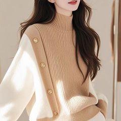 2025秋冬新款撞色高领针织衫毛衣女装独特设计感小众慵懒长袖上衣