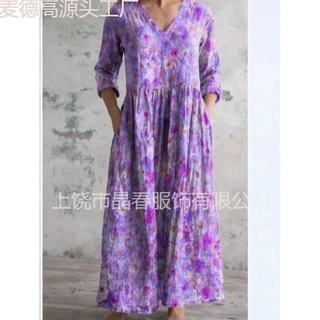 舒适新款数码印花时尚大码欧美领口袋连衣裙