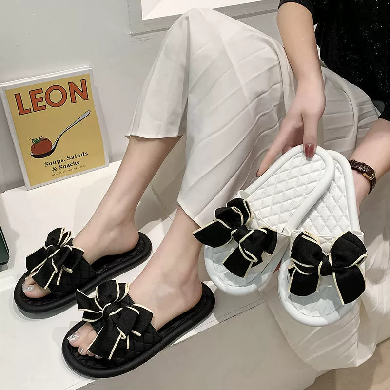 Женские летние шлепанцы для улицы, универсальные пляжные туфли, домашняя обувь для женщин, шлепанцы без застежек с бантом.