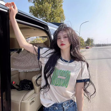 美式复古撞色圆领短袖夏季新款白色t恤女上衣内搭打底衫一件代发