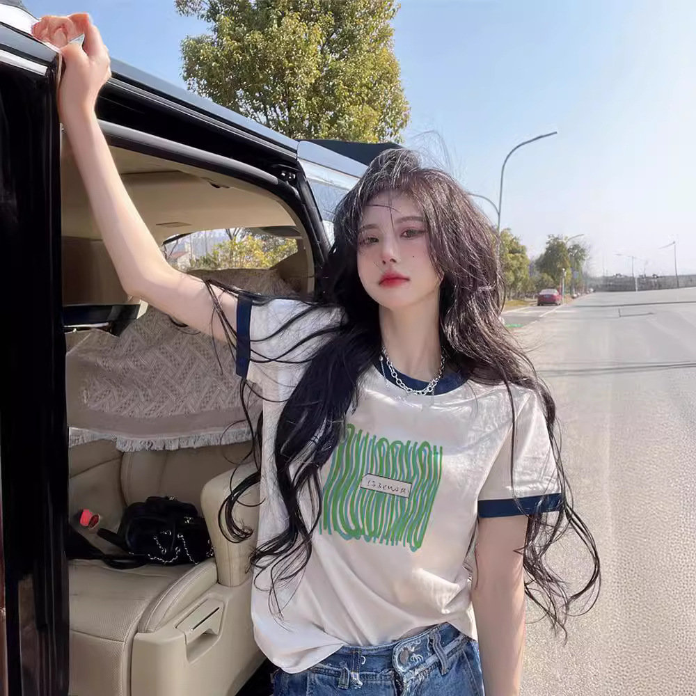 美式复古撞色圆领短袖夏季新款白色t恤女上衣内搭打底衫一件代发