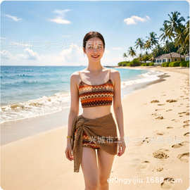 2026新款游泳衣女分体比基尼三件套韩国ins风针织条纹bikini泳装