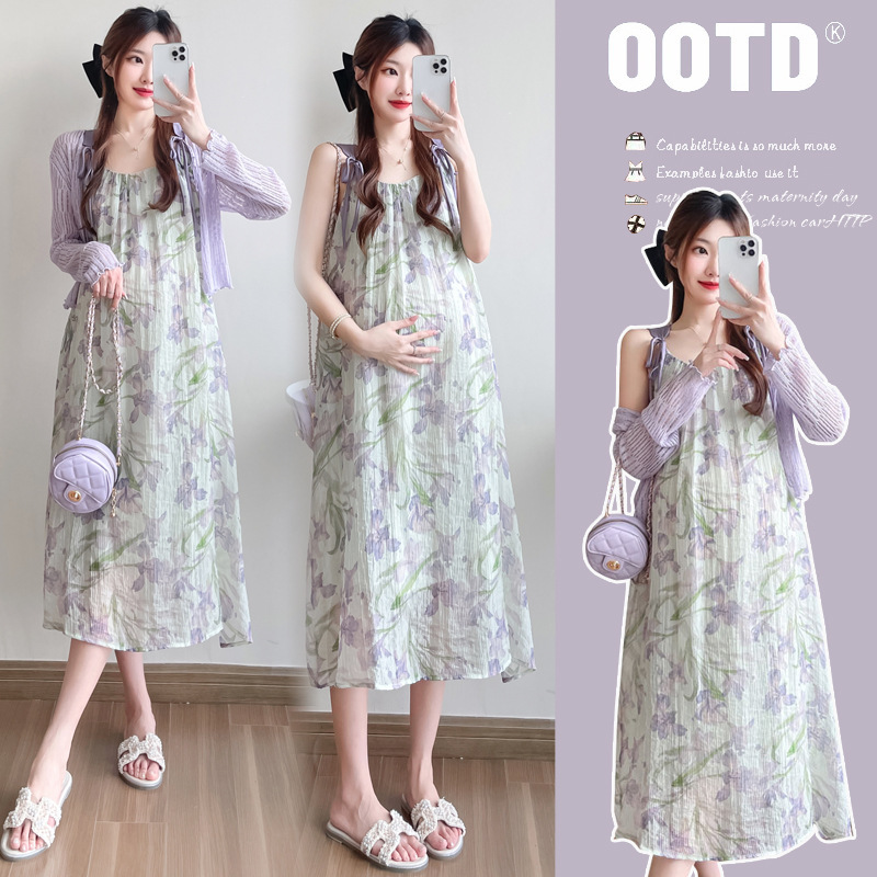 Real shot 2024 new summer two-wear sling lactation dress plus anti-sunscreen cardigan pregnant women two-piece set