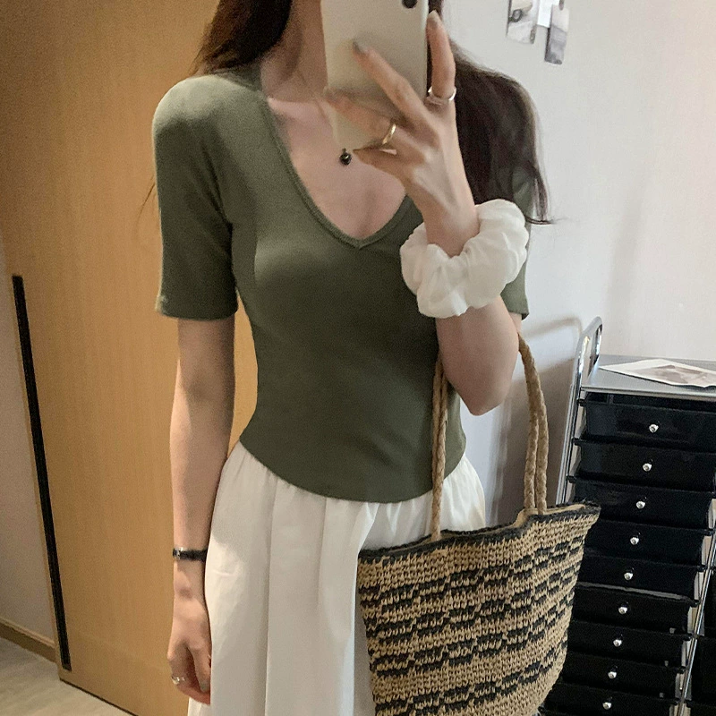 Летняя футболка с коротким рукавом, V-образный вырез, slim fit