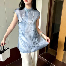 南油批发 真丝欧根纱炒色印花香云纱奥黛风上衣 重工刺绣钉珠衬衫