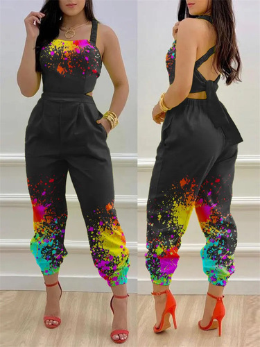 Cross-border European and American clothing new Amazon independent station fashion suspenders positioning printed jumpsuit wholesale