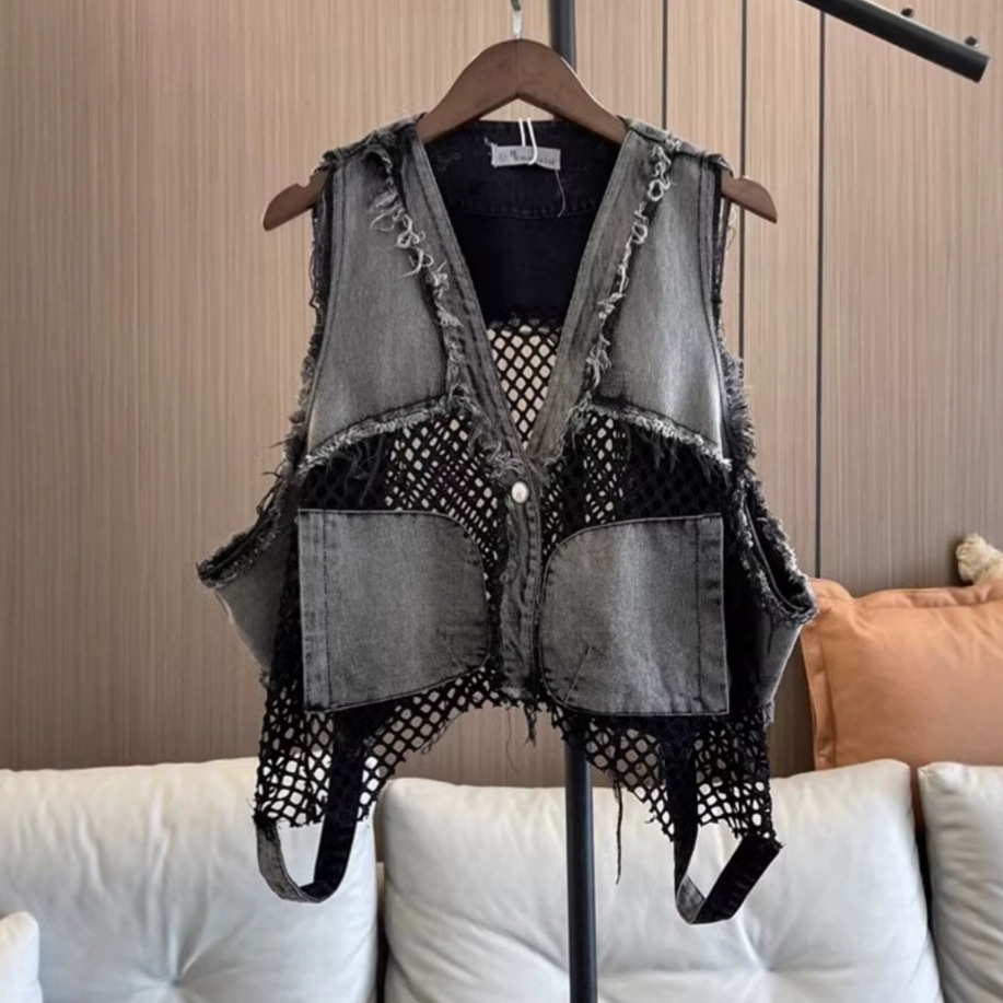 Productos europeos American Street Cowboy Chaleco Mujer 2025 Primavera y otoño Nuevo estilo Diseño de costura de malla Chaleco corto Top Tendencia