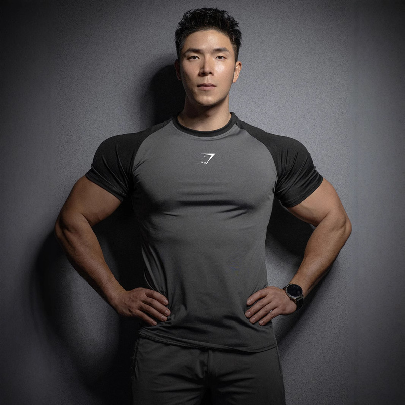 Gymshark Youth Men's Short-Sleeved Fitness Sports Casual Running Elastic Quick-Drying Short-Sleeved Shark Slim and Tight