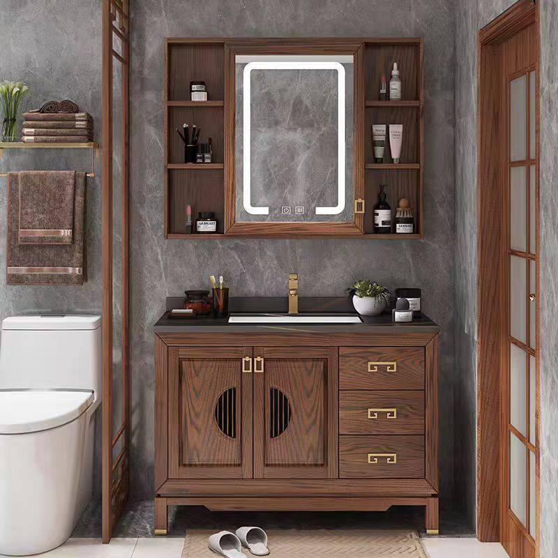 New Chinese-Style Bathroom Cabinet Set, Red Oak Washbasin, Floor-Standing Bathroom Sink, Mirror Cabinet, Bathroom Vanity