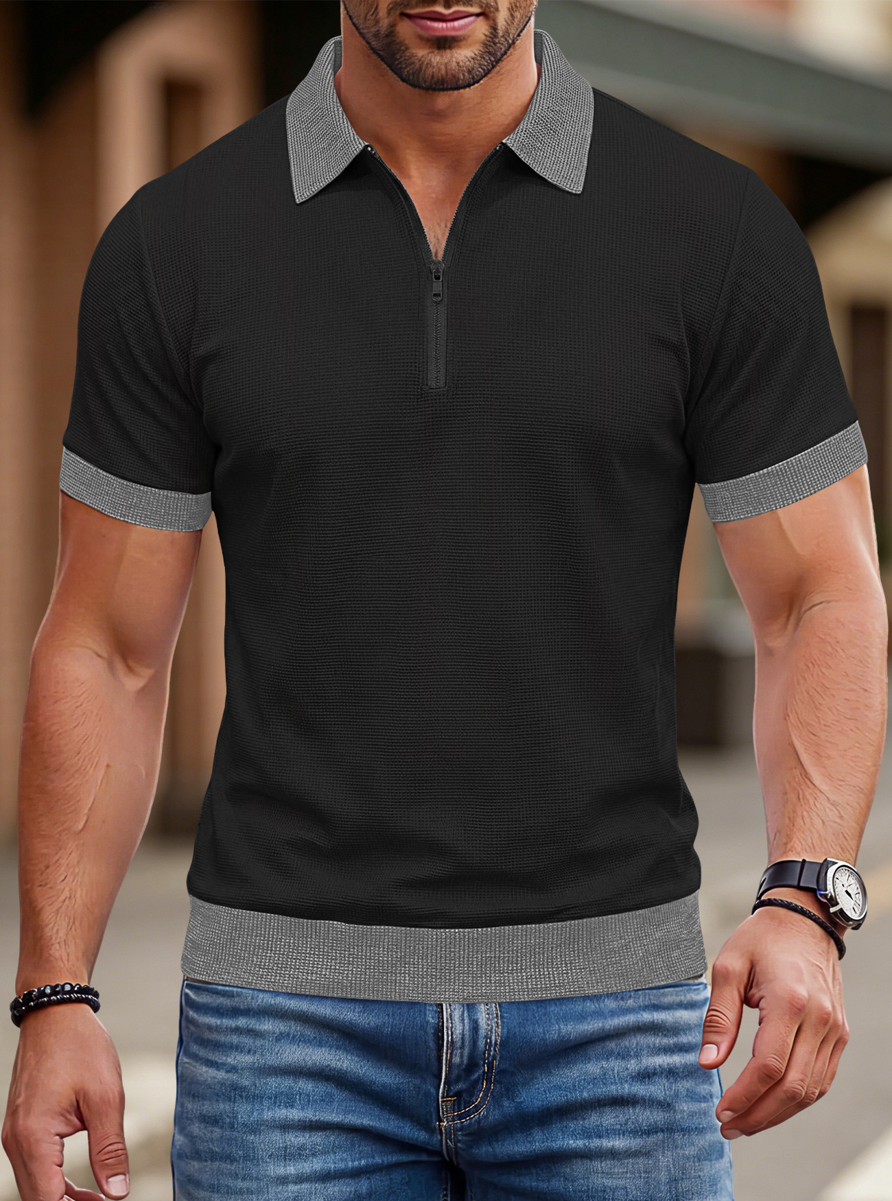 Estación independiente transfronteriza vacaciones europeas y americanas hombre waffle color contraste solapa suelta de tamaño grande deporte casual polo mangas cortas