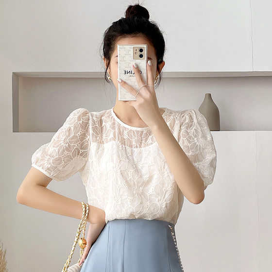 French short-sleeved chiffon shirt women's summer 2023 new fashion lace base shirt bubble sleeve short top