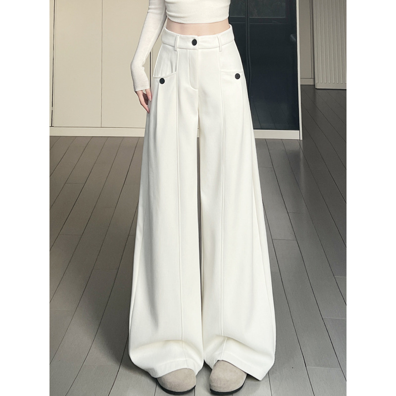 White Corduroy Suit Pants for Women, 2026 Spring New Style, High-Waisted, Slimming, Relaxed Fit, Buttoned, Fleece-Lined Wide-Leg Pants White Corduroy Suit Pants for Women, 2026 Spring New Style, High-Waisted, Slimming, Relaxed Fit, Buttoned, Fleece-Lined Wide-Leg Pants