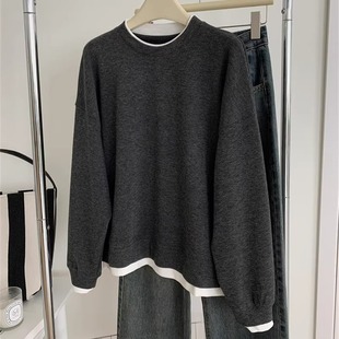 Soft glutinous high elastic fake two-piece round neck sweater women's loose Korean style dark gray glutinous rice clothing autumn and winter thickened brushed top