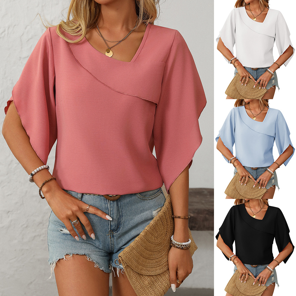 2026 Summer New Cross-Border European And American Women's Fashion Casual Asymmetrical V-Neck Chiffon Puff Sleeve_ecoleips.com