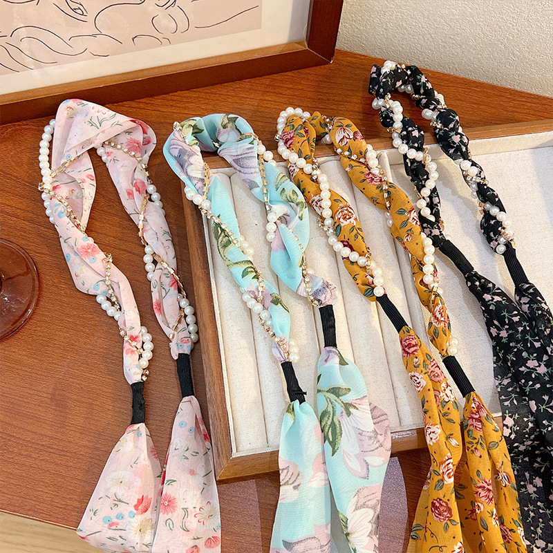 Verano flores trenzadas correa de cabello para mujeres atadas bufandas flotantes correa de cabello todo en un sistema de cinta correa de perlas correa de cabello