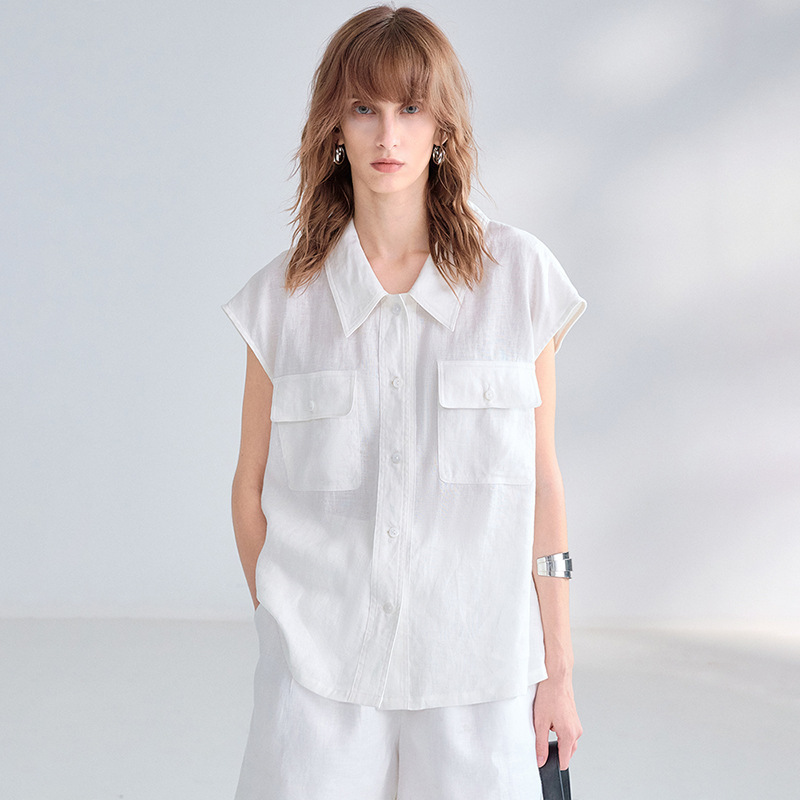 Old Money Style Pure Linen Short-Sleeve Shirt for Women, Summer Workwear Shirt with Cap Sleeves and Linen Turn-Down Collar Old Money Style Pure Linen Short-Sleeve Shirt for Women, Summer Workwear Shirt with Cap Sleeves and Linen Turn-Down Collar