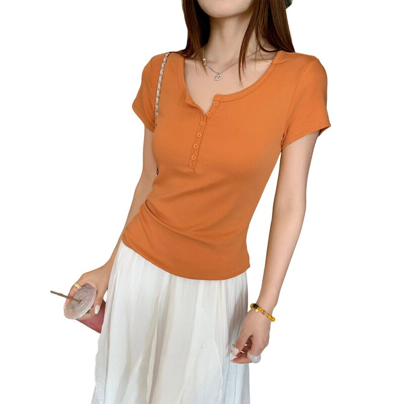 Longmei white henley collar short-sleeve T-shirt for women, 2026 summer new design, slim-fit, stylish and slimming top Longmei white henley collar short-sleeve T-shirt for women, 2026 summer new design, slim-fit, stylish and slimming top