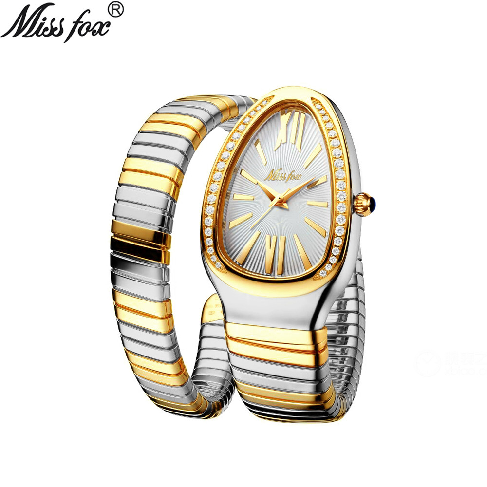Missfox Middle East Popular Women's Fashion Unique Stylish Ins Style Snake Head Bracelet Diamond Snake Watch for Women
