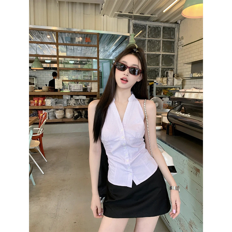纯欲无袖挂脖衬衫女夏季修身显瘦条纹衬衣设计感小众收腰短款上衣|undefined