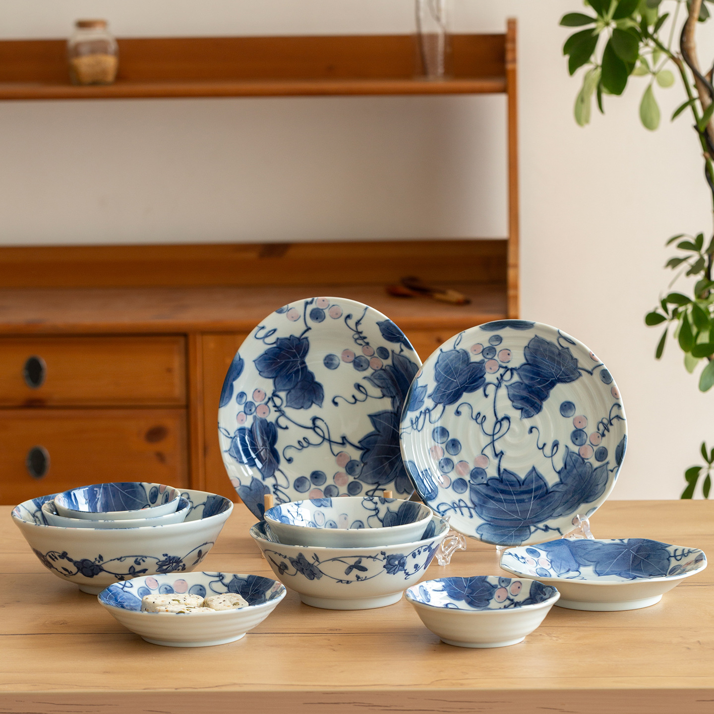 有谷窑日本进口美浓烧釉下彩古染山葡萄碗盘深钵面汤碗坚果碟水果