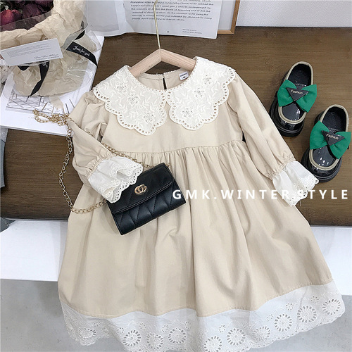 Ladies' Dress with Long Sleeve Lace Edge Collar, Simple Retro Long Dress for Children, Autumn Skirt with Floral Pattern, Export Quality