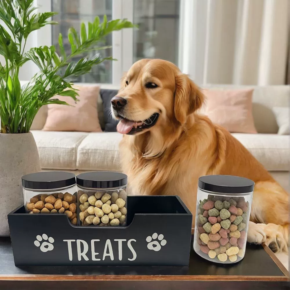 Деревянный ящик для хранения корма для собак, портативный настольный ящик для хранения закусок для домашних животных, ящик для закусок для домашних животных из цельного дерева