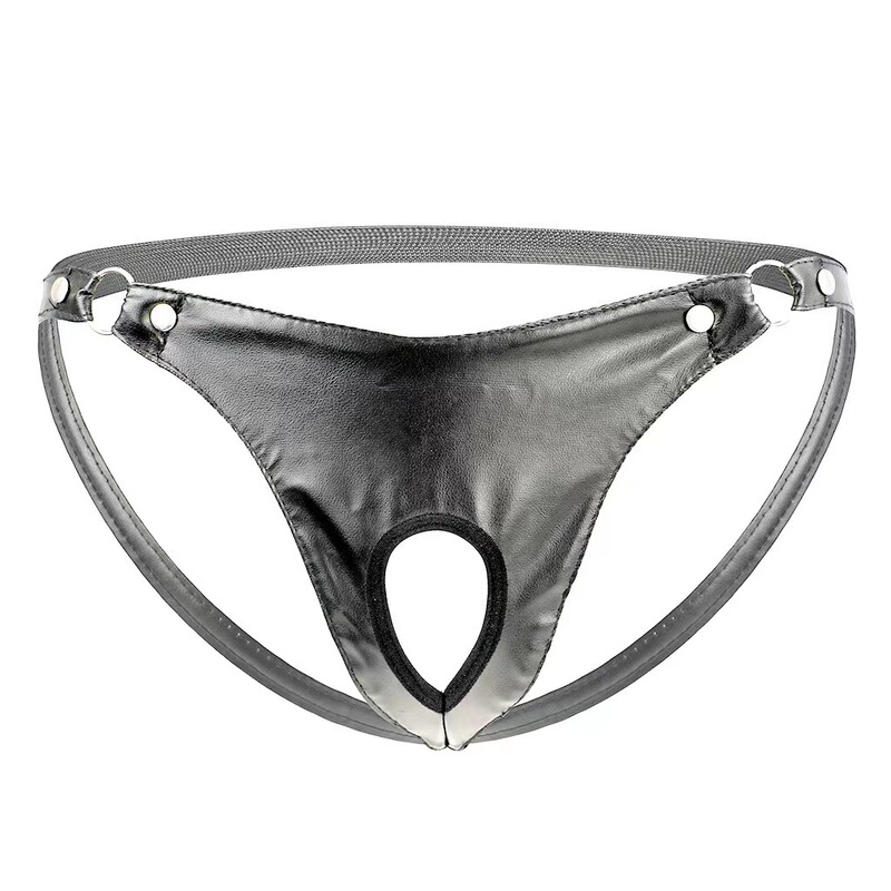 Front open hole back hollow briefs sexy men's men's sexy underwear imitation leather zipper thin rope thong g413