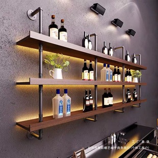 Bar Barbecue Shop Bar Wall-Mounted Wall-Mounted Iron Multi-Layer Solid Wood Storage Shelf Wall Wine Rack Restaurant Decoration