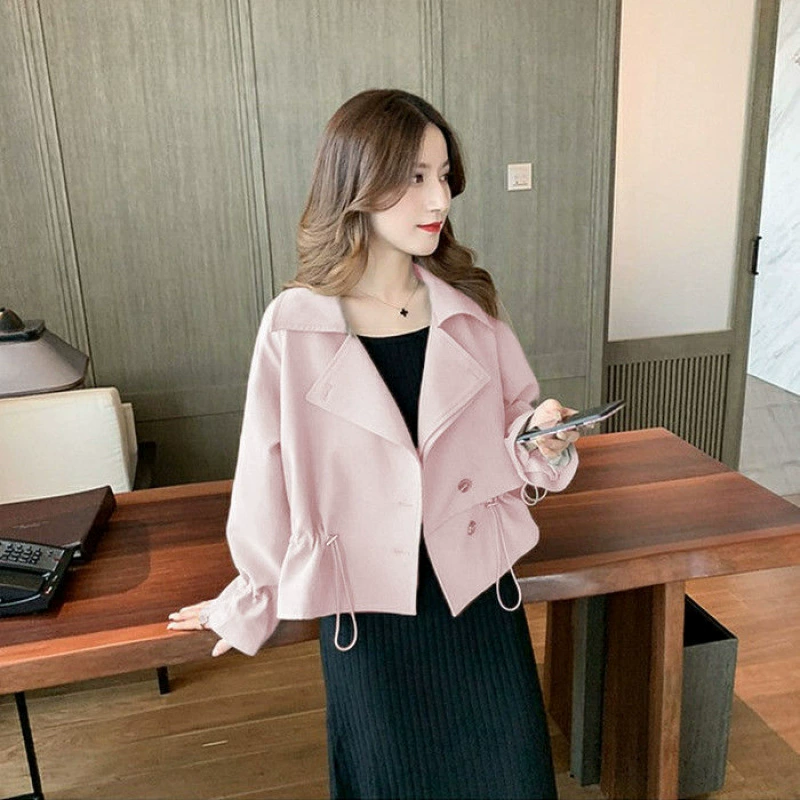 Trench Jacket Korean Style, Drawstring Waist, Solid Autumn Coat for Teens