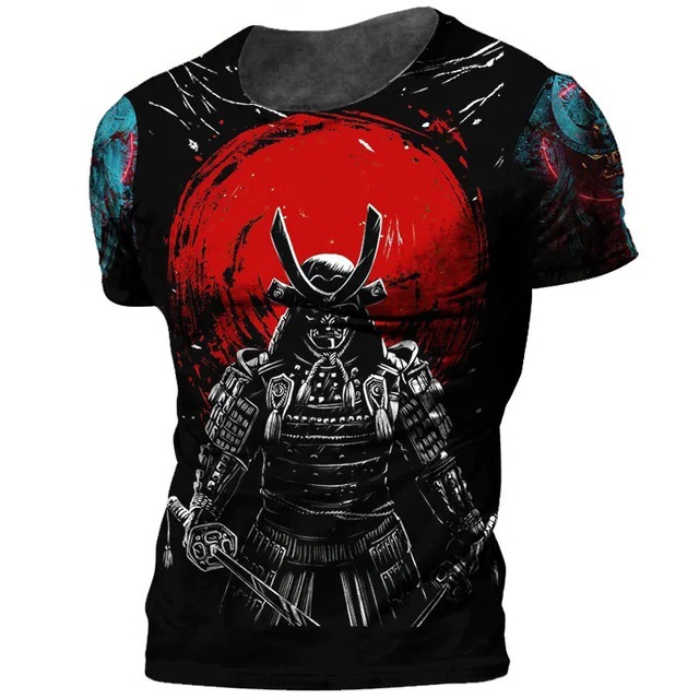 Tinta Jianghu Swordsman 3D Impresión digital Moda de la calle principal para hombres Camiseta de cuello redondo de manga corta transpirable de malla suelta