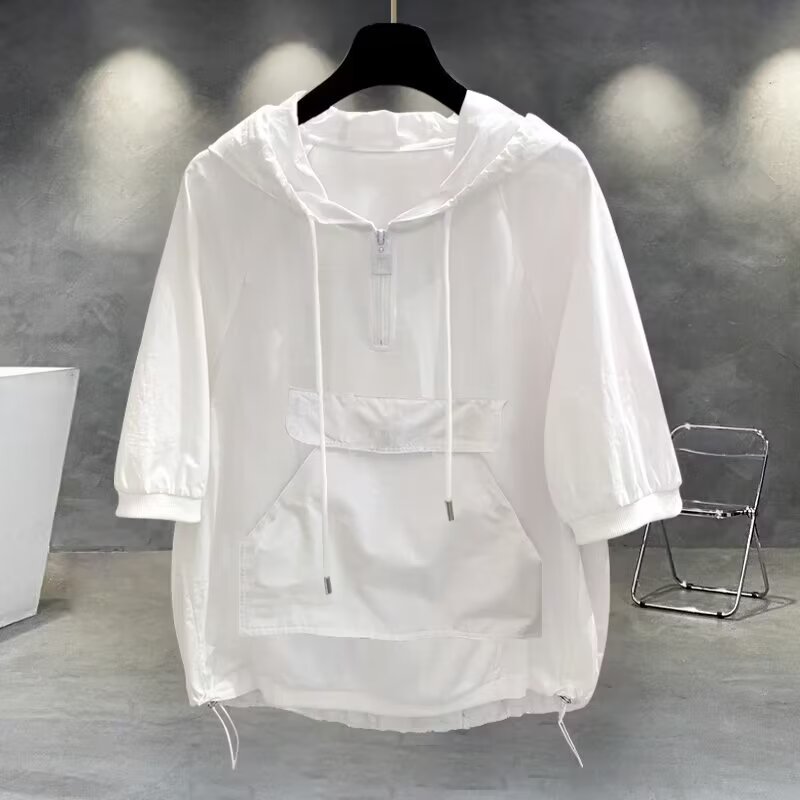 Solid color colored trend design short sleeve T-shirt with zipper…