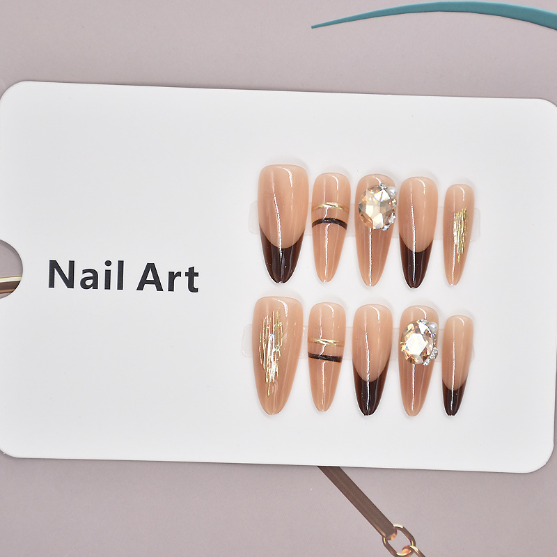 Longo estilo francés LIP oro para usar uñas falsas de alto nivel sensoriales en el viento para usar uñas hechas a mano al por mayor manicure