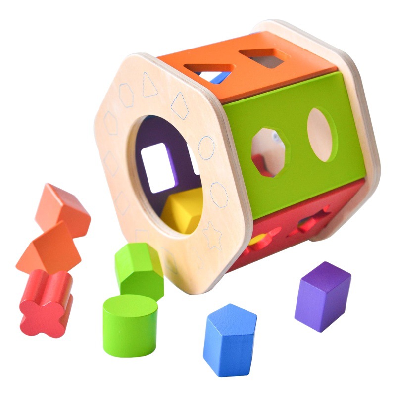 La educación temprana de los niños caja de inteligencia de reloj de seis lados forma de juguete educativo de madera a juego bloques de construcción de partículas grandes de niña comercio exterior