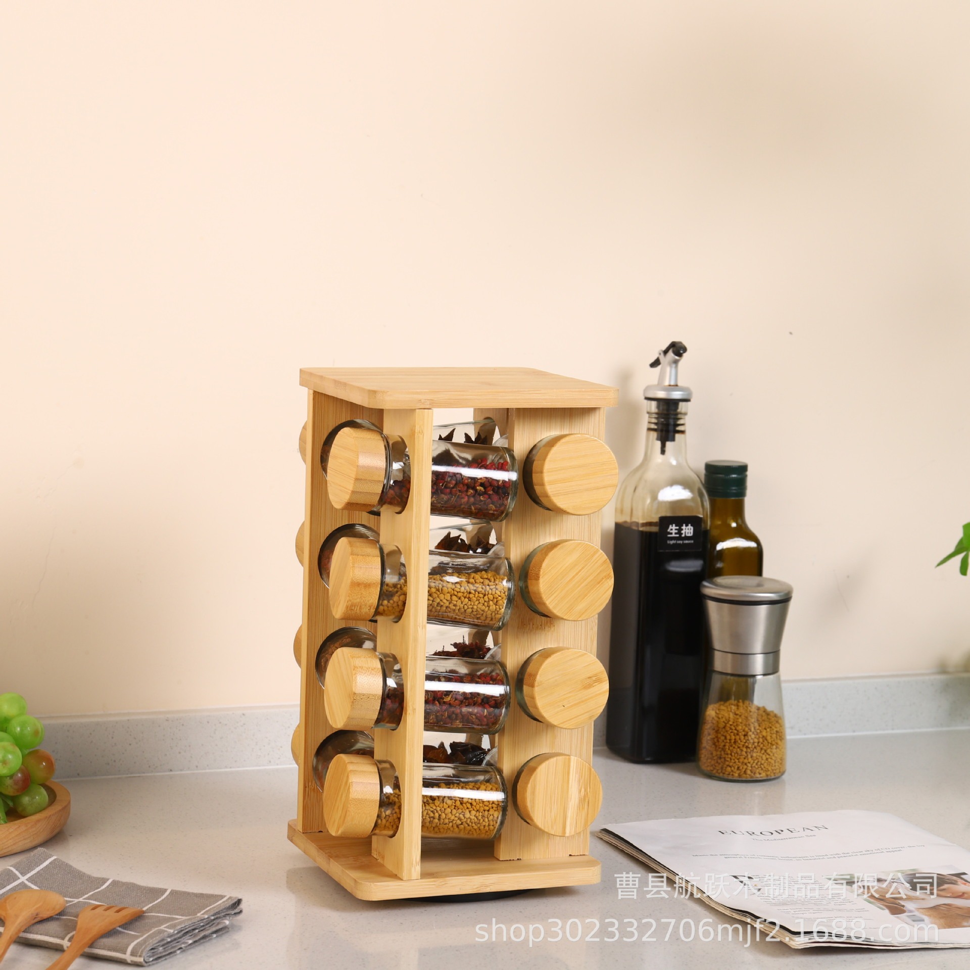 Rack de condimento de madera cuadrada para cocina doméstica condimento giratorio condimento de botella de condimento de gran capacidad multi-especificación