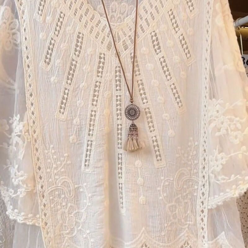 45-75kg Authentic Cotton Sleeves + Lace Sleeves Hollow Crochet Embroidered Batwing Short Sleeve Top Loose Plus Size Cover-Up Shirt 45-75kg Authentic Cotton Sleeves + Lace Sleeves Hollow Crochet Embroidered Batwing Short Sleeve Top Loose Plus Size Cover-Up Shirt