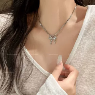跨境新款不锈钢蝴蝶结爱心吊坠项链 简约项链锁骨链颈饰 服装配饰