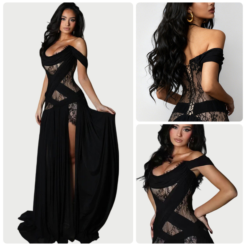European and American Cross-Border 2025 Black Off-Shoulder Lace Cut Out Long Dress High Slit Draped Banquet Evening Dress