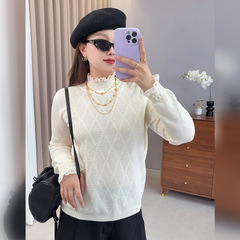 子元2025新款女秋季上衣单件胖MM花边菱形格针织毛衣秋冬女F558