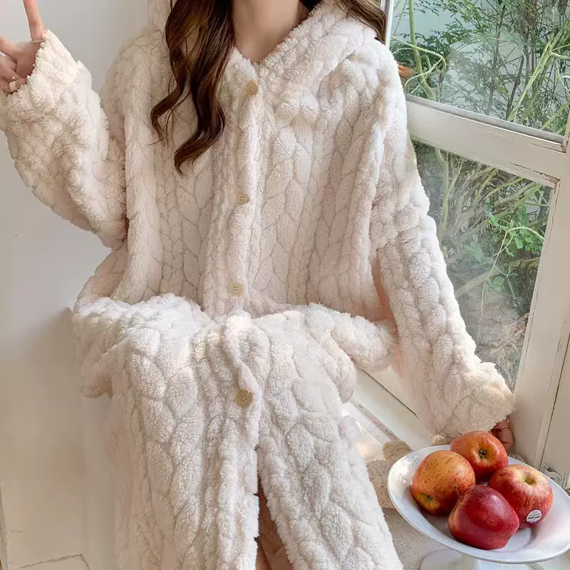 睡裙袍女冬季加绒加厚保暖珊瑚绒浴袍法兰绒高级感大码家居服7811