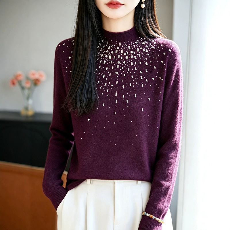 Women's soft and comfortable Andy fleece sweater, slim-fit base layer, exquisite acrylic diamond half-high collar, slimming knit undershirt Women's soft and comfortable Andy fleece sweater, slim-fit base layer, exquisite acrylic diamond half-high collar, slimming knit undershirt