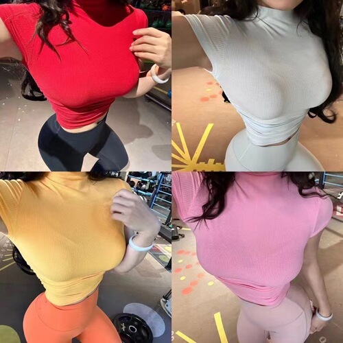 Half-high collar pure lust hot girl sports short-sleeved spring and summer tight pleated short high-elastic yoga training T