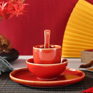 High-End Hotel Tableware, Hotel Club Tableware, Four-Piece Set, Private Room Special Red Ceramic Tableware Tableware