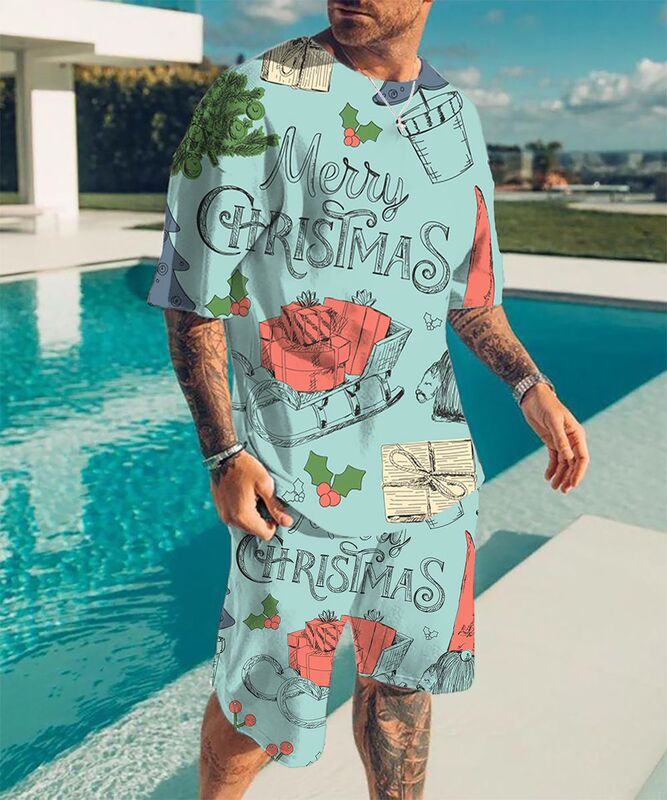 Summer European and American cross-border men's digital printing 3D printing Christmas peripheral men's youth leisure trend suit Summer European and American cross-border men's digital printing 3D printing Christmas peripheral men's youth leisure trend suit