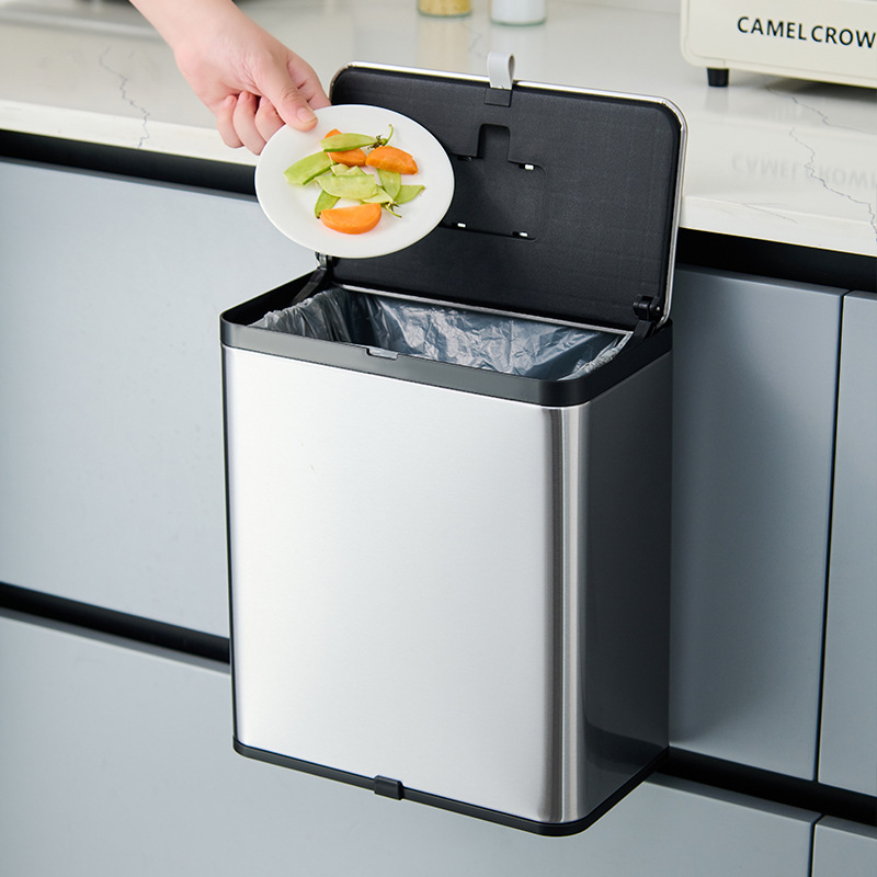 Kitchen Stainless Steel Wall-Mounted Trash Can with Sliding Lid, Household Light Luxury Bathroom Cabinet Door Desktop Trash Can Wholesale