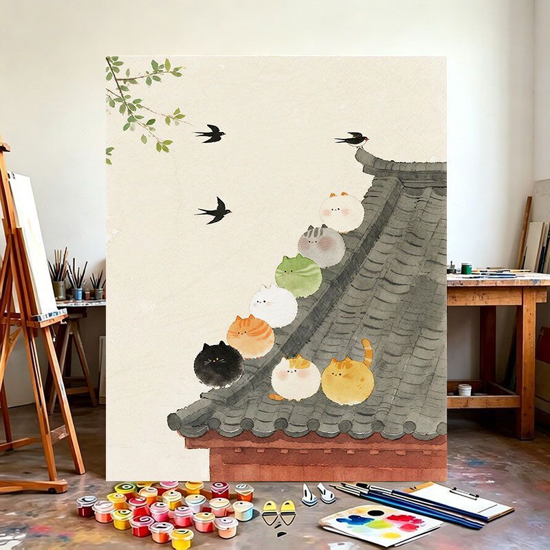 Cat on the Eaves DIY Digital Oil Painting Hand-Painted Cartoon Animal Oil Painting Healing Hand-Painted Gift Decorative Painting