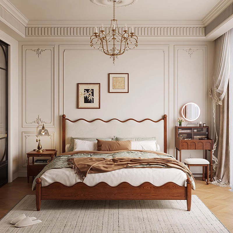 Danvas crema francesa cama retro estilo antiguo cama grande estilo pequeño doble cama de madera de cera nórdica cama de madera maciza