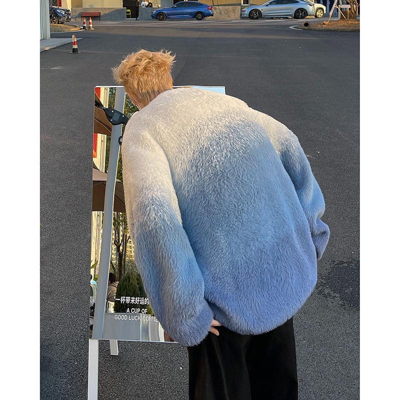 가을과 겨울 두꺼운 스웨터 남자 한국 스타일 패셔너블 루즈 그라디언트 니트 스웨터 겨울 INS 홍콩 스타일 게으른 스웨터 재킷