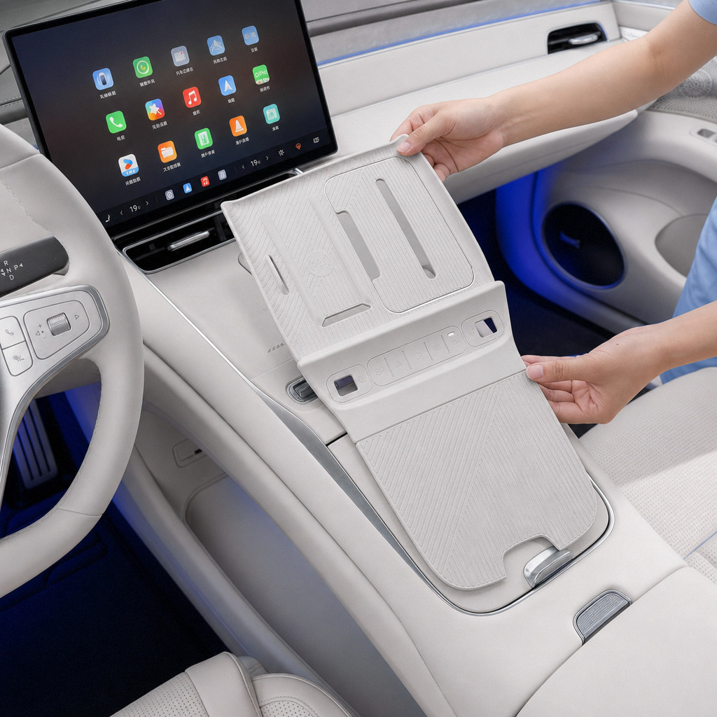 Suitable for the 2026 Seal 08, this is a full-coverage, anti-slip silicone pad for the center console wireless charging area, serving as a protective and decorative interior accessory