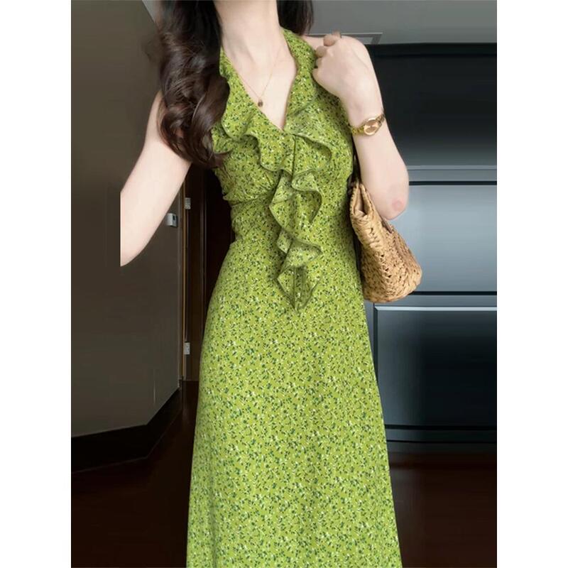 Green French V-Neck Sleeveless Halterneck Floral Dress Women's Summer Casual New Seaside Vacation Long Dress